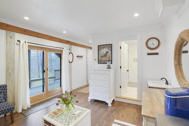 79 David Ave, Tisbury, MA 02568 - living room featuring ornamental molding, wood finished floors, recessed lighting, a decorative wall, and baseboards