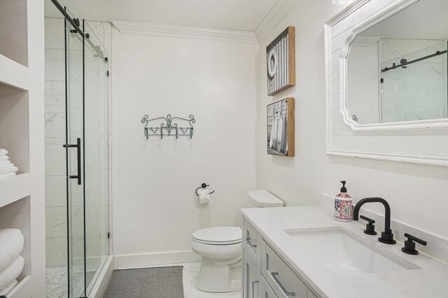 79 David Ave, Tisbury, MA 02568 - full bathroom with toilet, a stall shower, vanity, baseboards, and crown molding