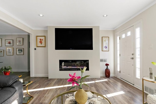 living room featuring hardwood / wood-style floors and ornamental molding