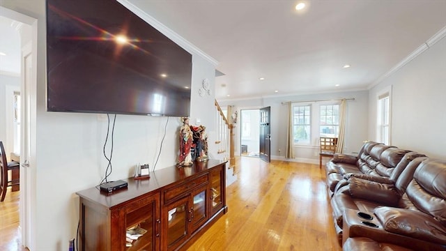 33 Jarvis St, Revere, MA 02151 - living room featuring crown molding, light wood-style floors, recessed lighting, stairs, and baseboards