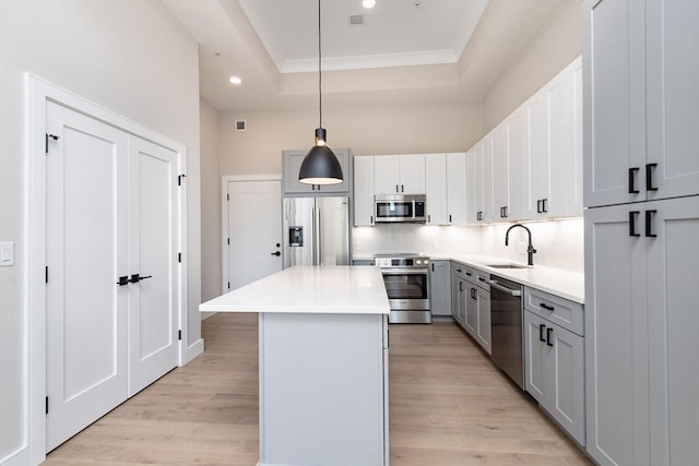 kitchen featuring sink, appliances with stainless steel finishes, hanging light fixtures, a tray ceiling, and a kitchen island