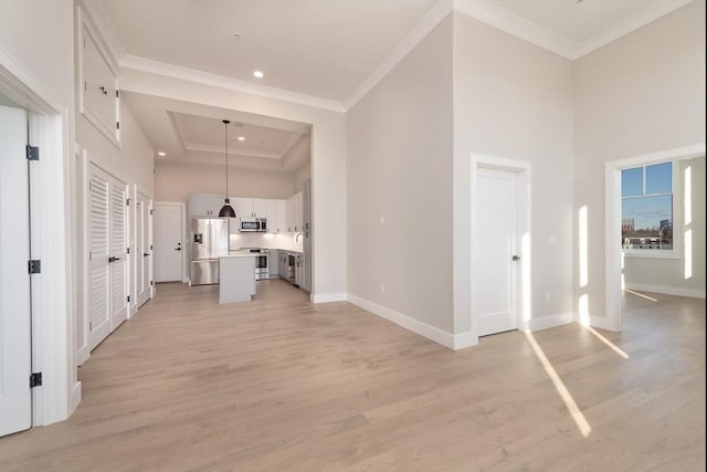 interior space with ornamental molding, light hardwood / wood-style flooring, and a high ceiling