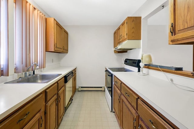 kitchen with light floors, electric range oven, white dishwasher, a sink, and under cabinet range hood