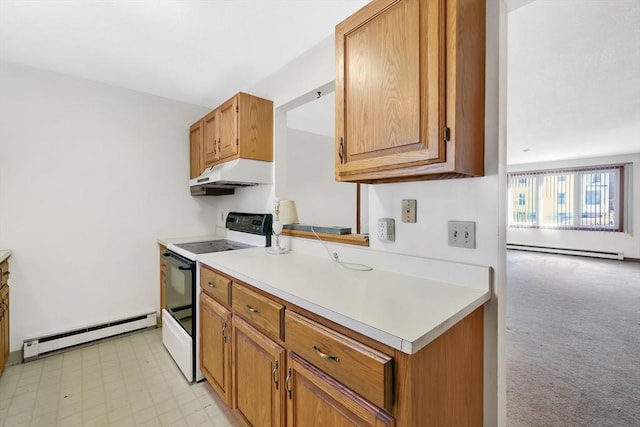 kitchen featuring electric stove, a baseboard radiator, light countertops, and under cabinet range hood