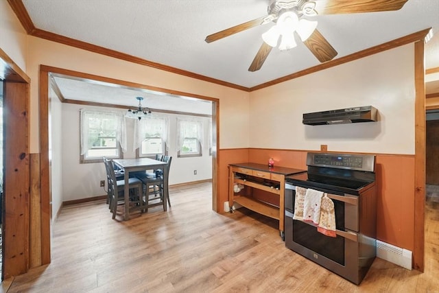 6 Hart Ave, Taunton, MA 02780 - dining space featuring crown molding, light wood-style floors, a chandelier, ceiling fan, and baseboards