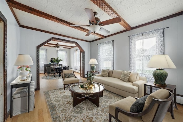 6 Hart Ave, Taunton, MA 02780 - living area with a ceiling fan, light wood-style flooring, ornamental molding, and beamed ceiling