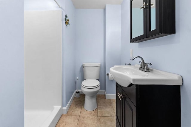 bathroom featuring baseboards, toilet, tile patterned flooring, vanity, and a shower stall