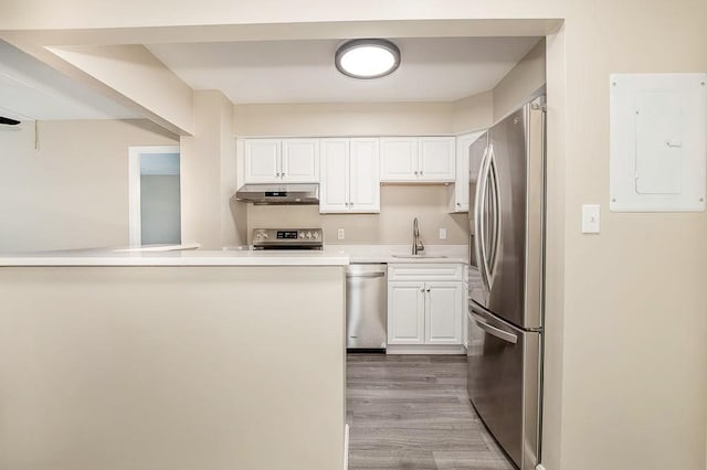 4975 Washington St Unit 313, Boston, MA 02132 - kitchen featuring appliances with stainless steel finishes, electric panel, a sink, ventilation hood, and white cabinets