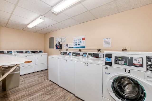 4975 Washington St Unit 313, Boston, MA 02132 - shared laundry with washer and clothes dryer, light wood finished floors, and electric panel