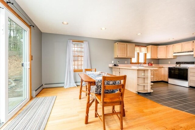 dining area with a wealth of natural light, light wood-type flooring, and recessed lighting