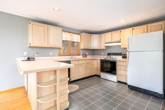 kitchen featuring electric stove, light brown cabinets, and freestanding refrigerator