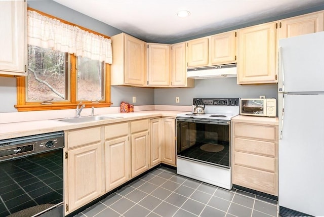 kitchen with white appliances, light countertops, under cabinet range hood, and a sink