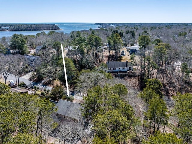 bird's eye view featuring a forest view and a water view