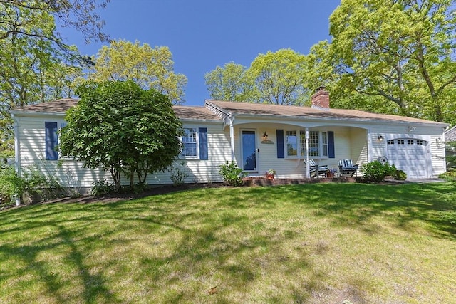 54 Mcnamara Ave, Yarmouth, MA 02673 - ranch-style house featuring an attached garage, a chimney, a front yard, and covered porch