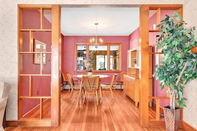 dining room featuring a chandelier, wood finished floors, and wallpapered walls