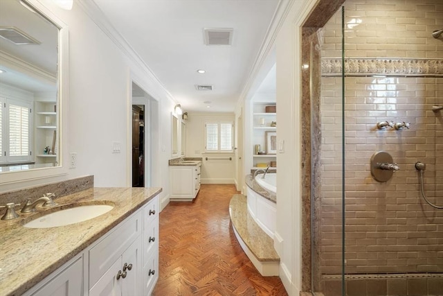 bathroom featuring vanity, parquet flooring, ornamental molding, and plus walk in shower