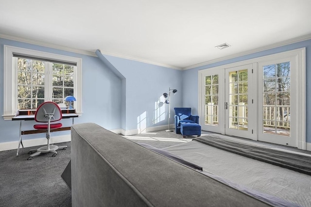 bedroom featuring access to exterior, crown molding, and carpet