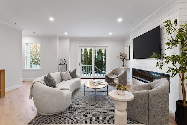 living room with ornamental molding, a fireplace, and light hardwood / wood-style floors