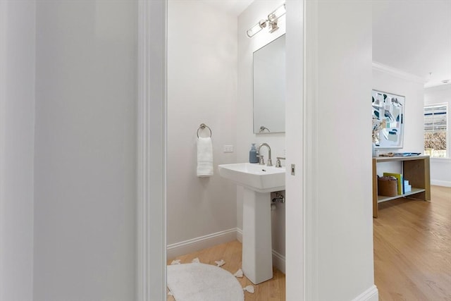 bathroom with crown molding, sink, and hardwood / wood-style flooring