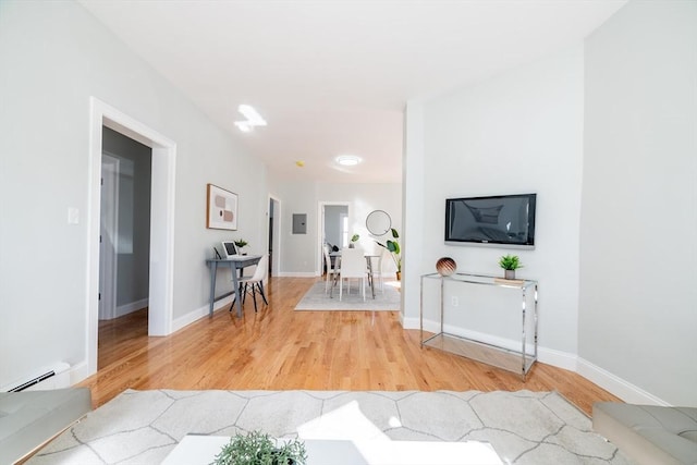 living room with a baseboard radiator, wood finished floors, electric panel, and baseboards