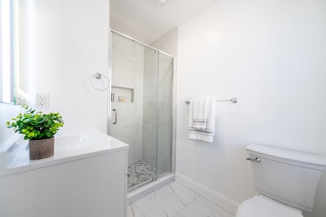 full bath featuring marble finish floor, a marble finish shower, toilet, and baseboards