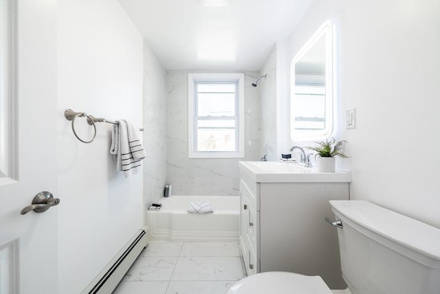 full bath with toilet, vanity, marble finish floor,  shower combination, and baseboard heating