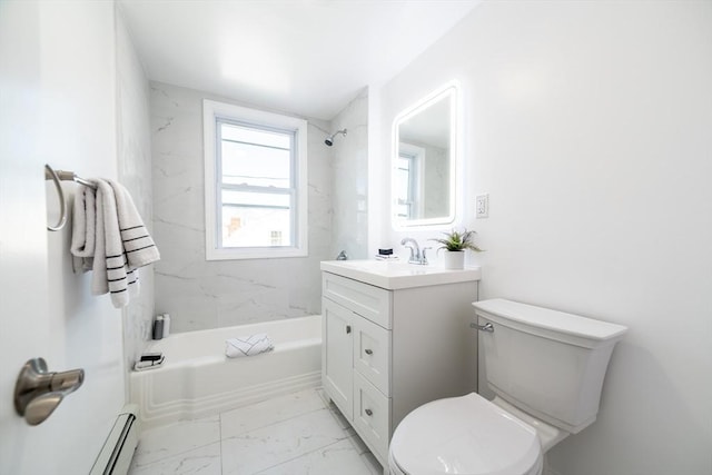 full bathroom featuring toilet, a baseboard radiator, vanity, marble finish floor, and shower / bathtub combination