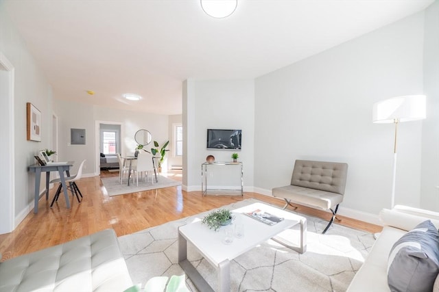 living room with baseboard heating, electric panel, light wood-style flooring, and baseboards