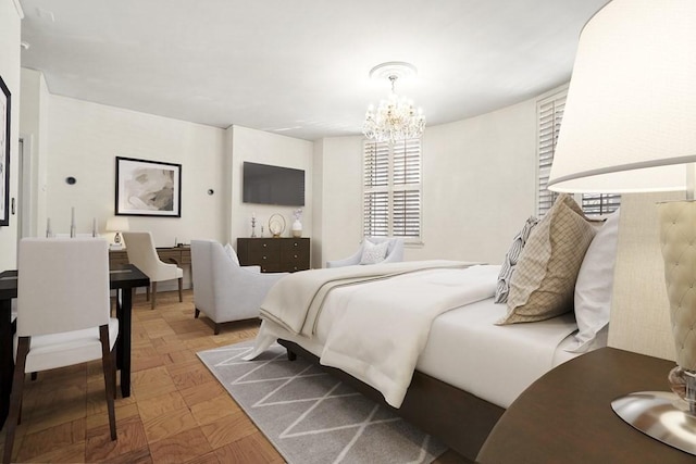 bedroom with an inviting chandelier