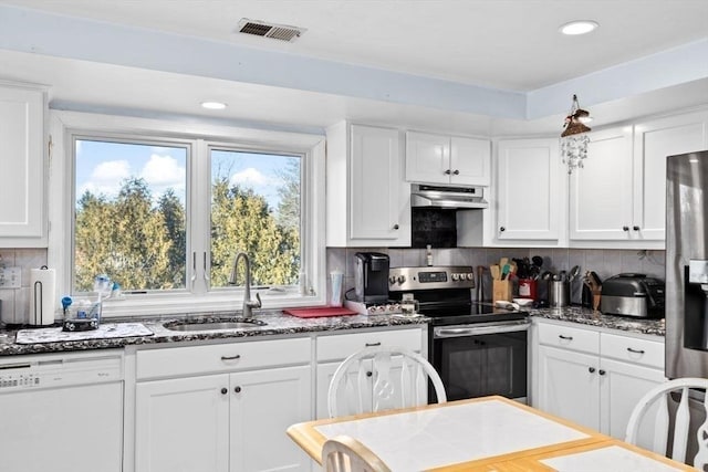 kitchen featuring decorative backsplash, appliances with stainless steel finishes, sink, white cabinetry, and plenty of natural light