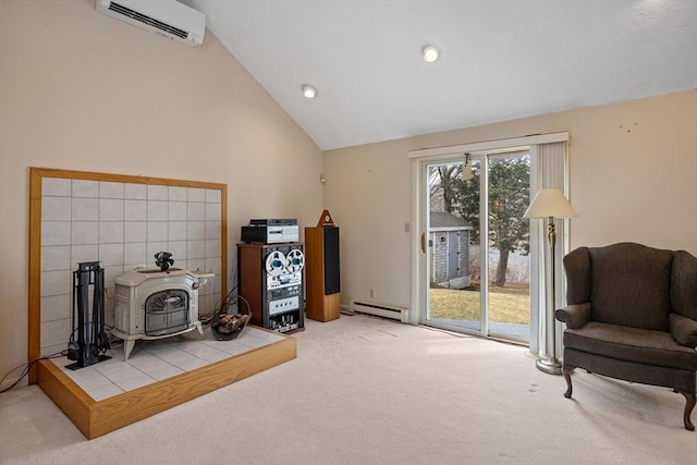 sitting room featuring a wall mounted air conditioner, recessed lighting, carpet, a baseboard radiator, and lofted ceiling