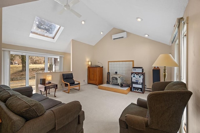 carpeted living area with high vaulted ceiling, a ceiling fan, a wall unit AC, recessed lighting, and a skylight