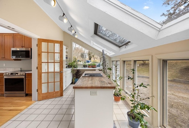 interior space with lofted ceiling with skylight