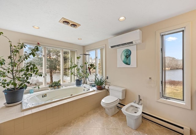 full bath with a bidet, a wall mounted air conditioner, a jetted tub, toilet, and baseboard heating