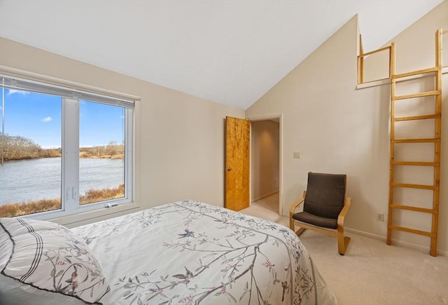 bedroom with light carpet, baseboards, lofted ceiling, and a water view