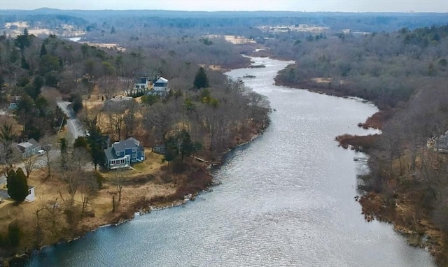 bird's eye view featuring a wooded view and a water view