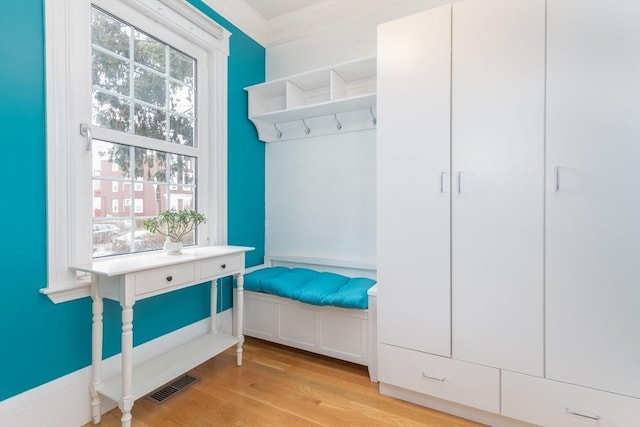 mudroom featuring crown molding, wood finished floors, visible vents, and plenty of natural light