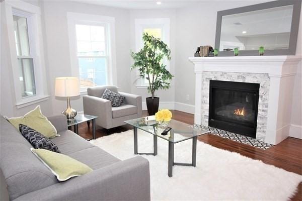 318 Concord Ave Unit 2, Cambridge, MA 02138 - living room featuring wood finished floors, a fireplace with flush hearth, baseboards, and recessed lighting
