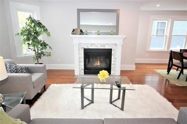 318 Concord Ave Unit 2, Cambridge, MA 02138 - living room with baseboards, wood finished floors, recessed lighting, and a fireplace with flush hearth