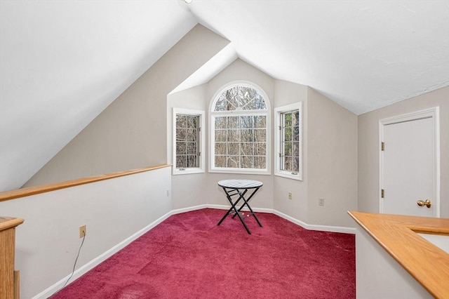 interior space with vaulted ceiling and carpet