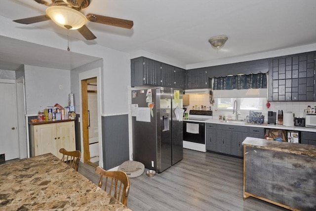 2278-2280 Main St, Palmer, MA 01080 - kitchen featuring stainless steel fridge with ice dispenser, white range with electric stovetop, gray cabinets, a ceiling fan, and wainscoting