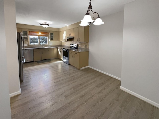 kitchen with baseboards, under cabinet range hood, decorative backsplash, appliances with stainless steel finishes, and wood finished floors