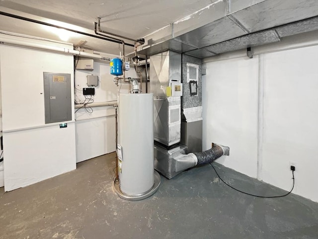 unfinished below grade area with electric panel and water heater