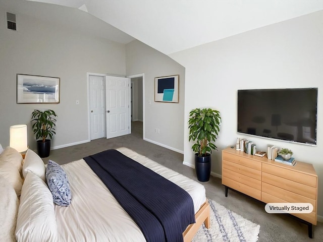 bedroom featuring carpet flooring, baseboards, visible vents, and vaulted ceiling