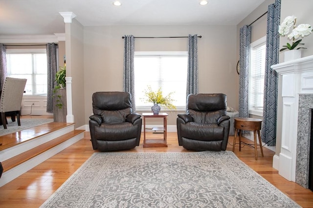 living area with baseboards, a fireplace, wood finished floors, and recessed lighting