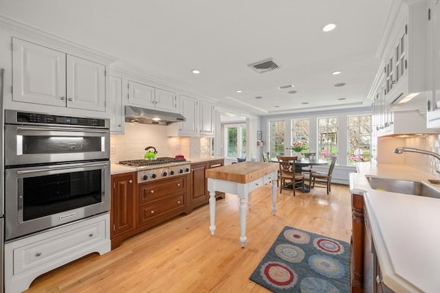 kitchen with light wood-type flooring, light countertops, under cabinet range hood, a sink, and stainless steel appliances
