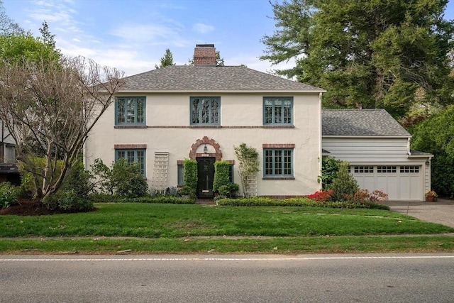 view of front of house with a front lawn, stucco siding, a chimney, an attached garage, and driveway