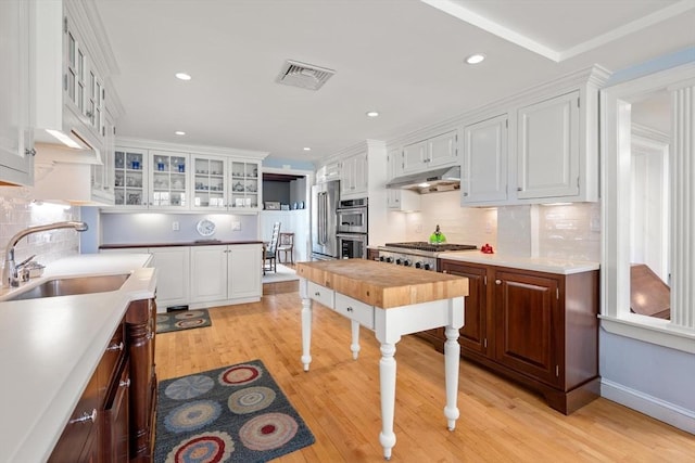 kitchen featuring backsplash, visible vents, stainless steel appliances, a sink, and under cabinet range hood