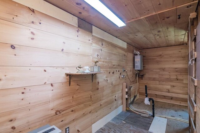 43 Meadow St, Northfield, MA 01360 - bathroom featuring wood walls, wood ceiling, water heater, and wood finished floors