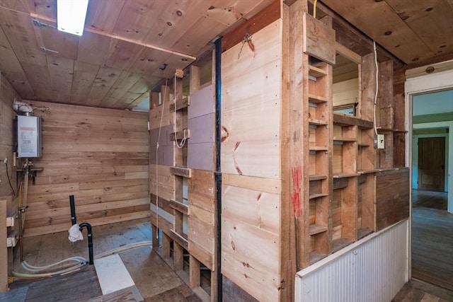43 Meadow St, Northfield, MA 01360 - bathroom featuring wood walls, wood ceiling, and water heater